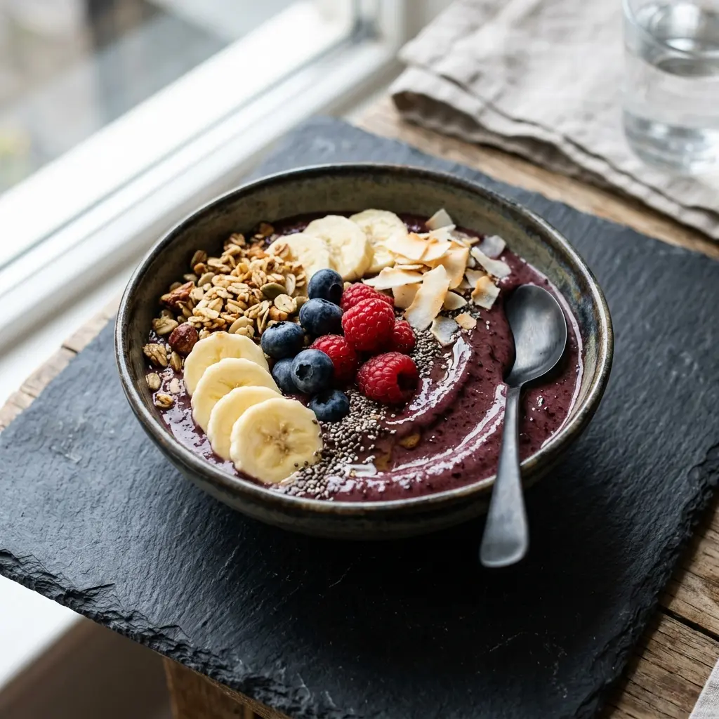 Nylagad açaí bowl serverad på ett aptitligt och hemlagat sätt