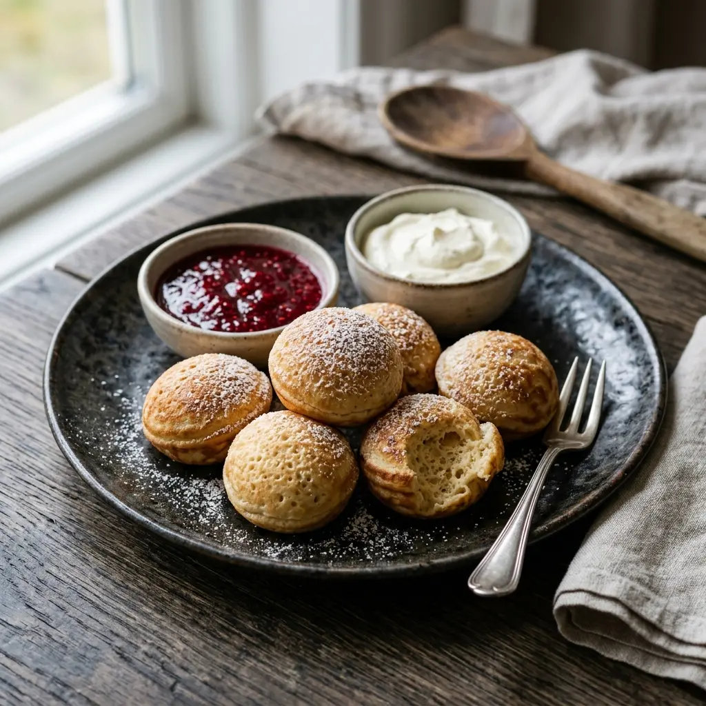 Nylagad æbleskiver serverad på ett aptitligt och hemlagat sätt