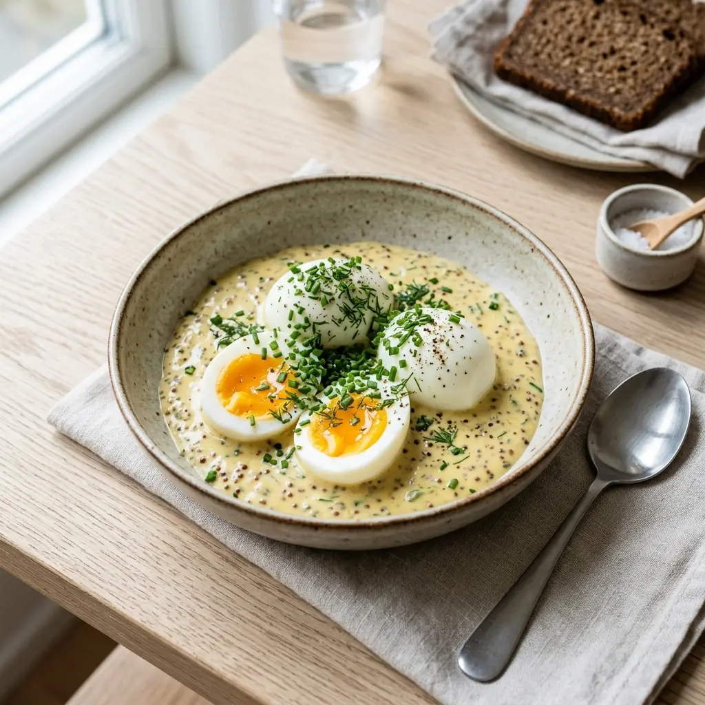 En skål med ägg i senapssås klar att servera som smakrikt tillbehör