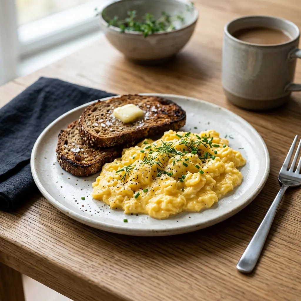 Nylagad äggröra serverad på ett aptitligt och hemlagat sätt
