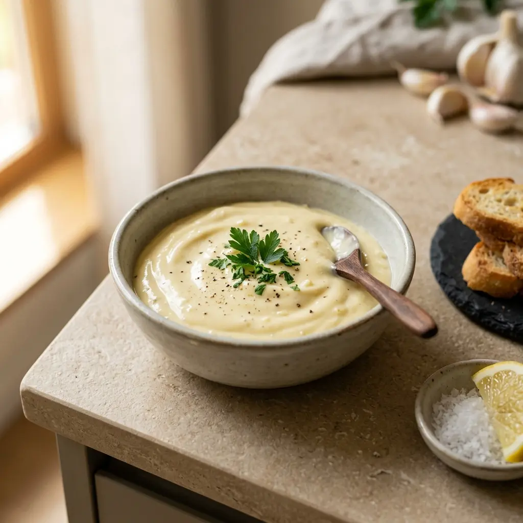 En skål med aioli klar att servera som smakrikt tillbehör