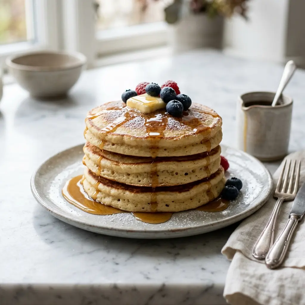 Nybakad amerikanska pannkakor serverad och klar att njuta av