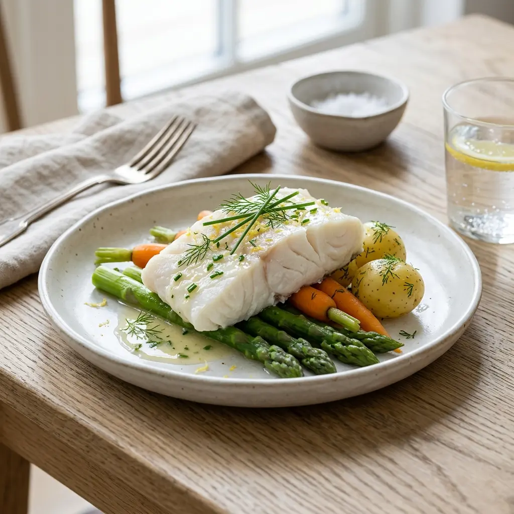Nylagad ångad torsk serverad på ett aptitligt och hemlagat sätt