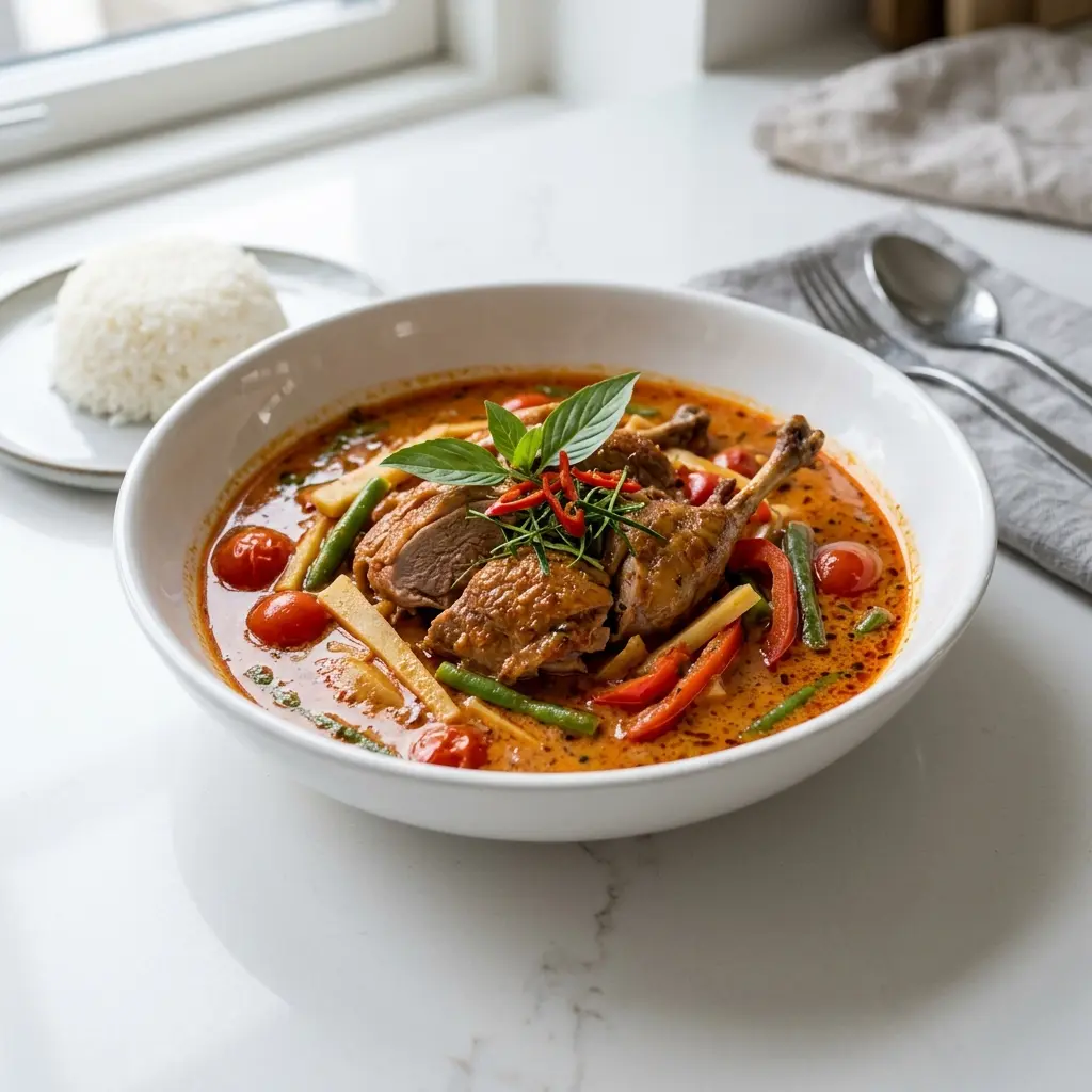 Nylagad anka i röd curry serverad på ett aptitligt och hemlagat sätt