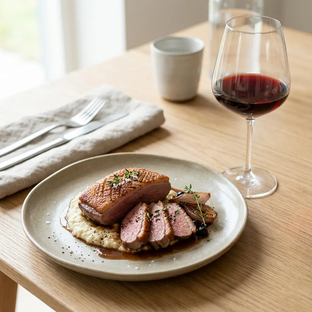 Ett glas ankbröst i stekpanna serverat kallt och fräscht med enkel garnering