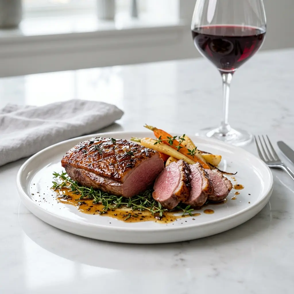 Nylagad ankbröst med honung och timjan serverad på ett aptitligt och hemlagat sätt