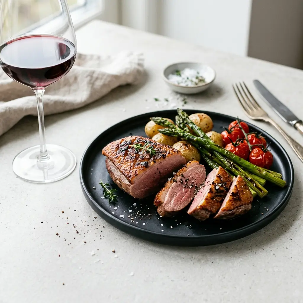 Nylagad ankbröst på grillen serverad på ett aptitligt och hemlagat sätt
