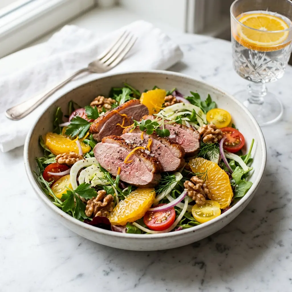 En fräsch portion anksallad med apelsin med färska råvaror och fin servering