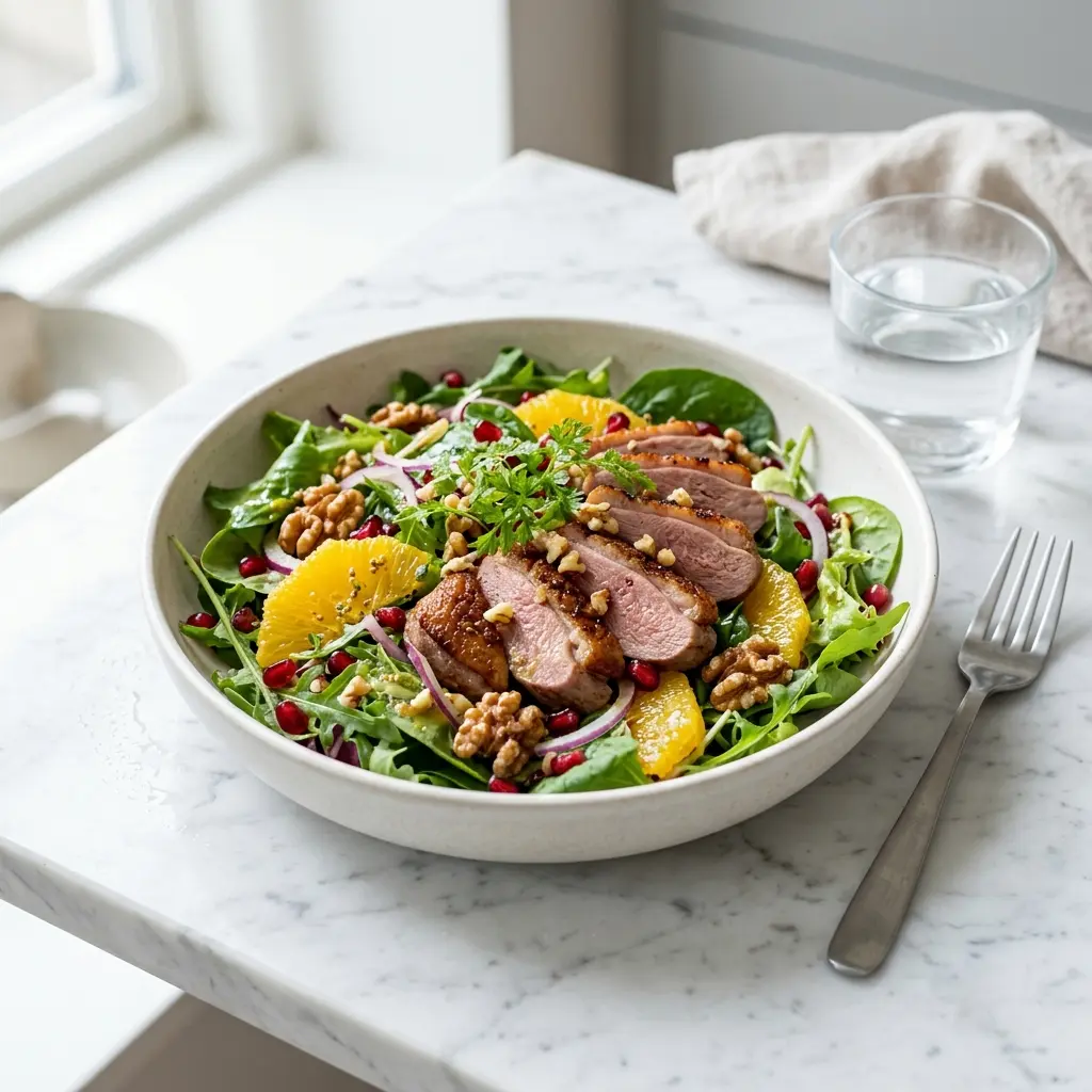 En fräsch portion anksallad med färska råvaror och fin servering