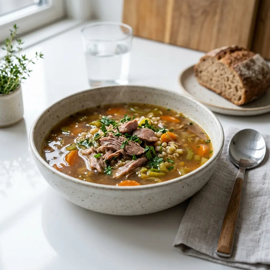 En varm skål anksoppa serverad med ett inbjudande och hemlagat uttryck