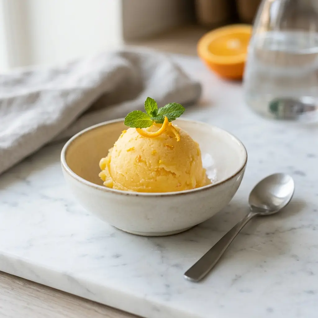 Hemlagad apelsinsorbet serverad som en söt och inbjudande dessert