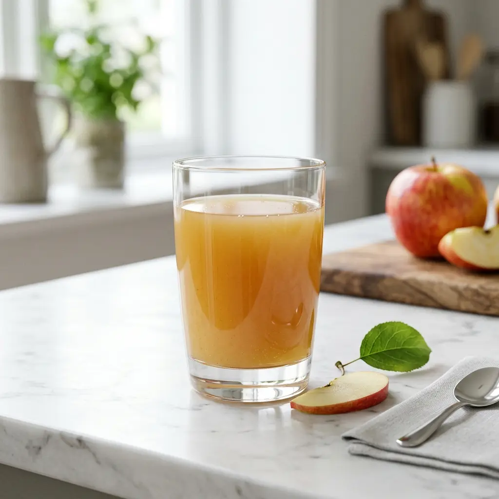 Ett glas äppeljuice serverat kallt och fräscht med enkel garnering