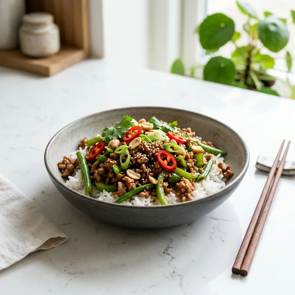 Nylagad asiatisk fläskfärs serverad på ett aptitligt och hemlagat sätt