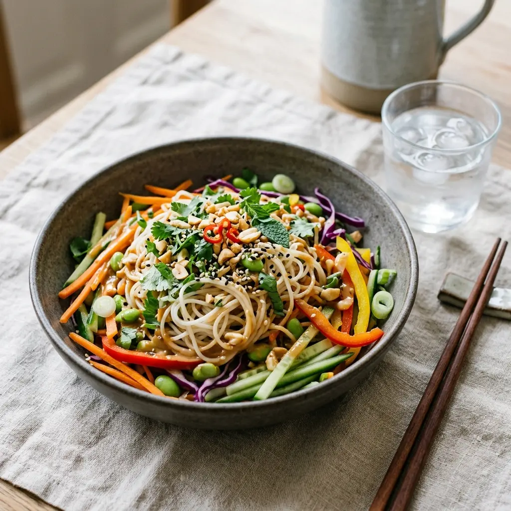 En fräsch portion asiatisk nudelsallad med färska råvaror och fin servering