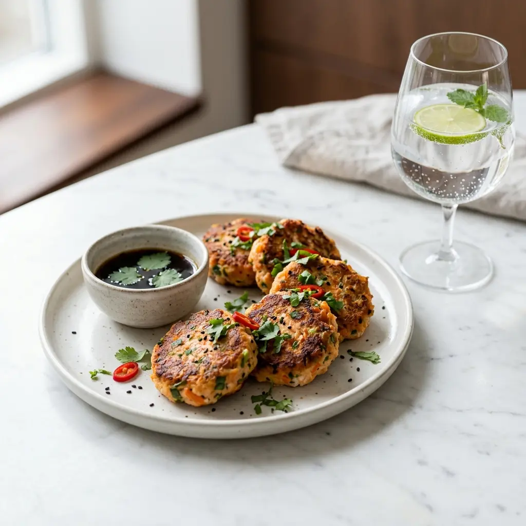 Nylagad asiatiska laxfrikadeller serverad på ett aptitligt och hemlagat sätt