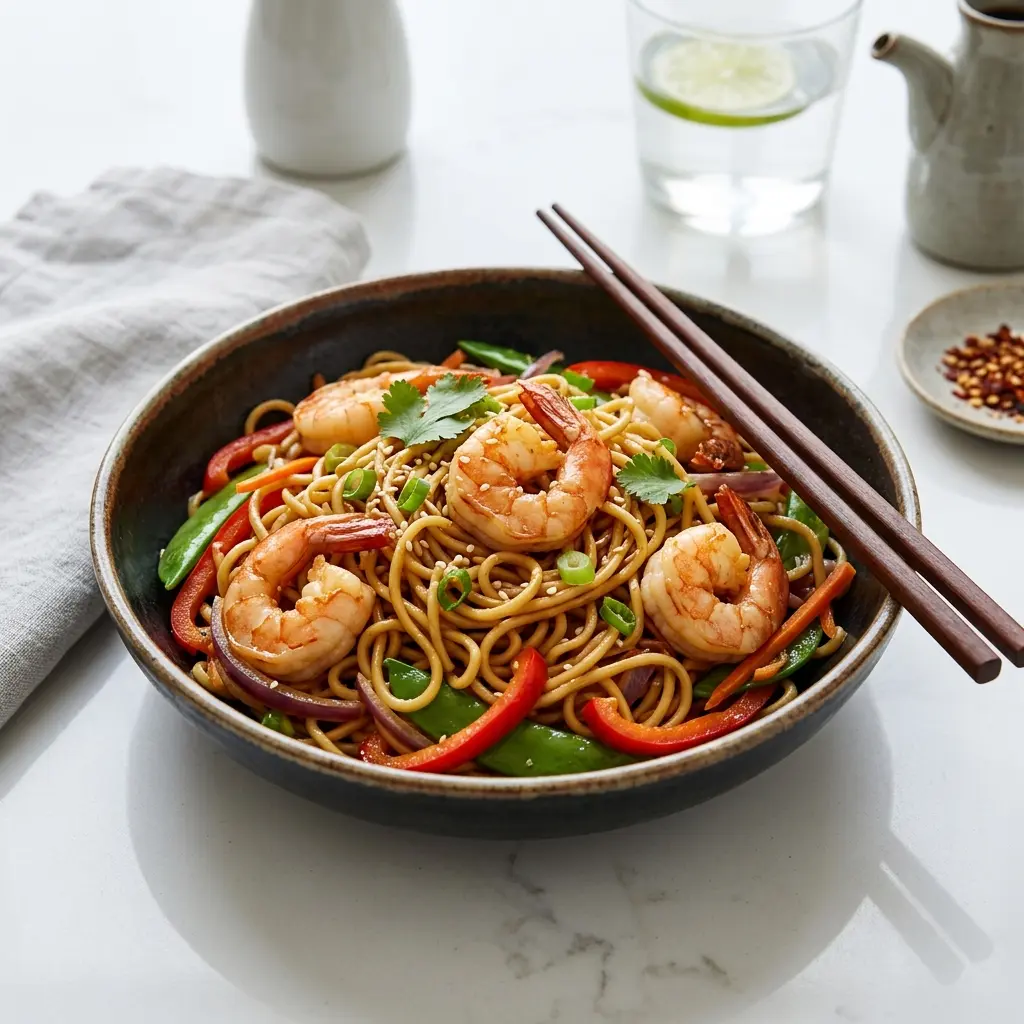 Nylagad asiatiska nudlar med räkor serverad på ett aptitligt och hemlagat sätt