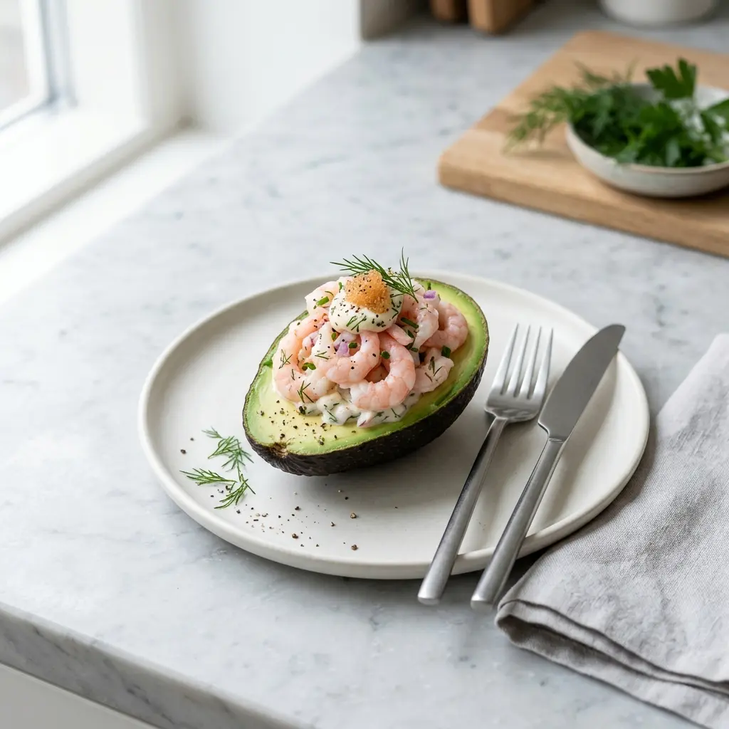 Nylagad avokado med räkor serverad på ett aptitligt och hemlagat sätt