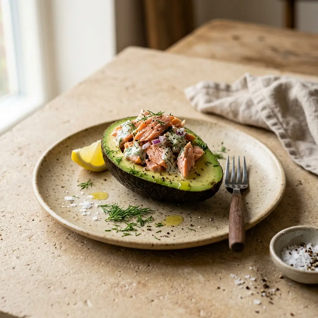 Nylagad avokado med varmrökt lax serverad på ett aptitligt och hemlagat sätt