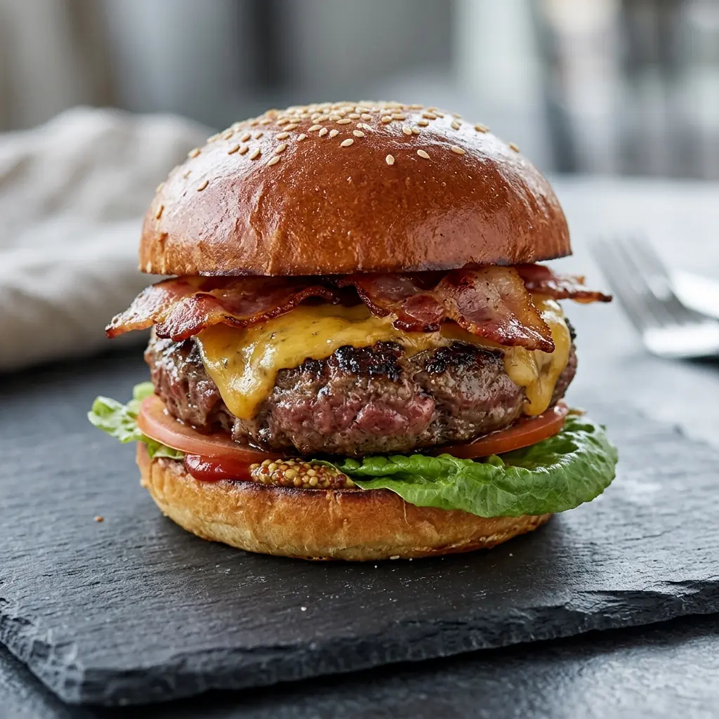 Nylagad bacon cheeseburgare serverad på ett aptitligt och hemlagat sätt