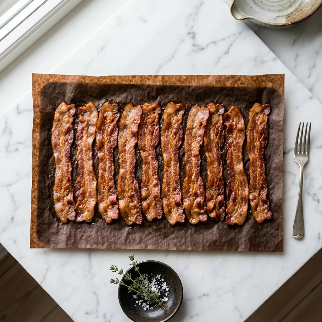 Nylagad bacon i ugn serverad på ett aptitligt och hemlagat sätt