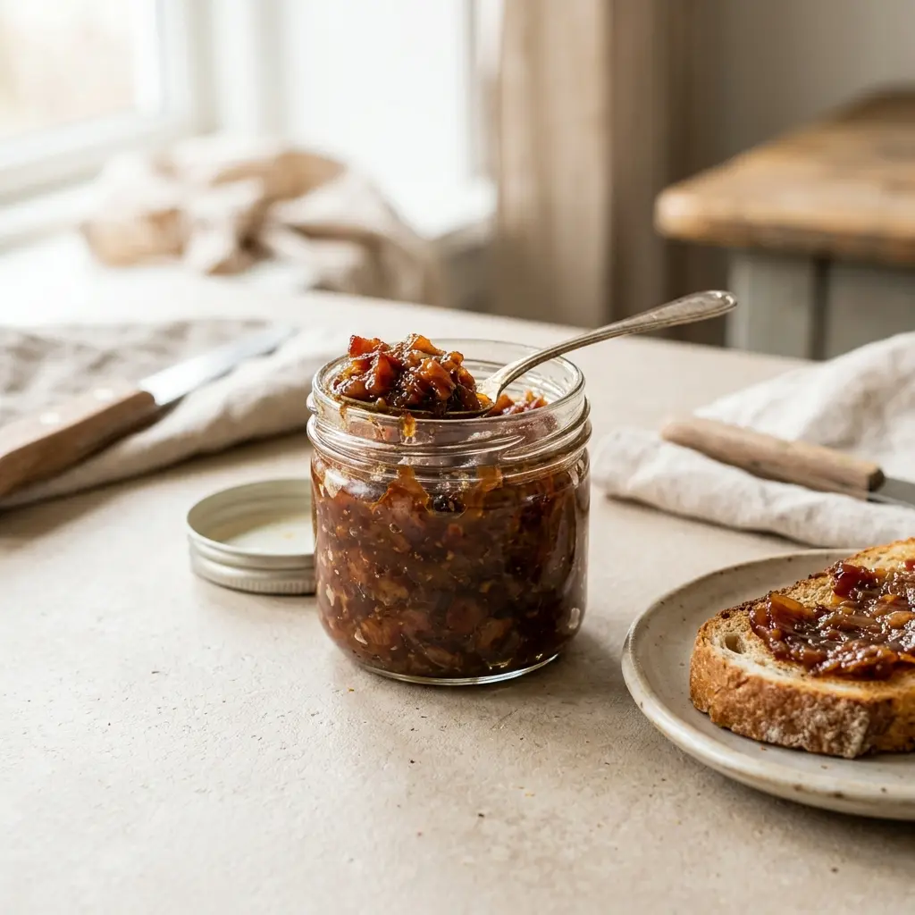 Nylagad bacon jam serverad på ett aptitligt och hemlagat sätt