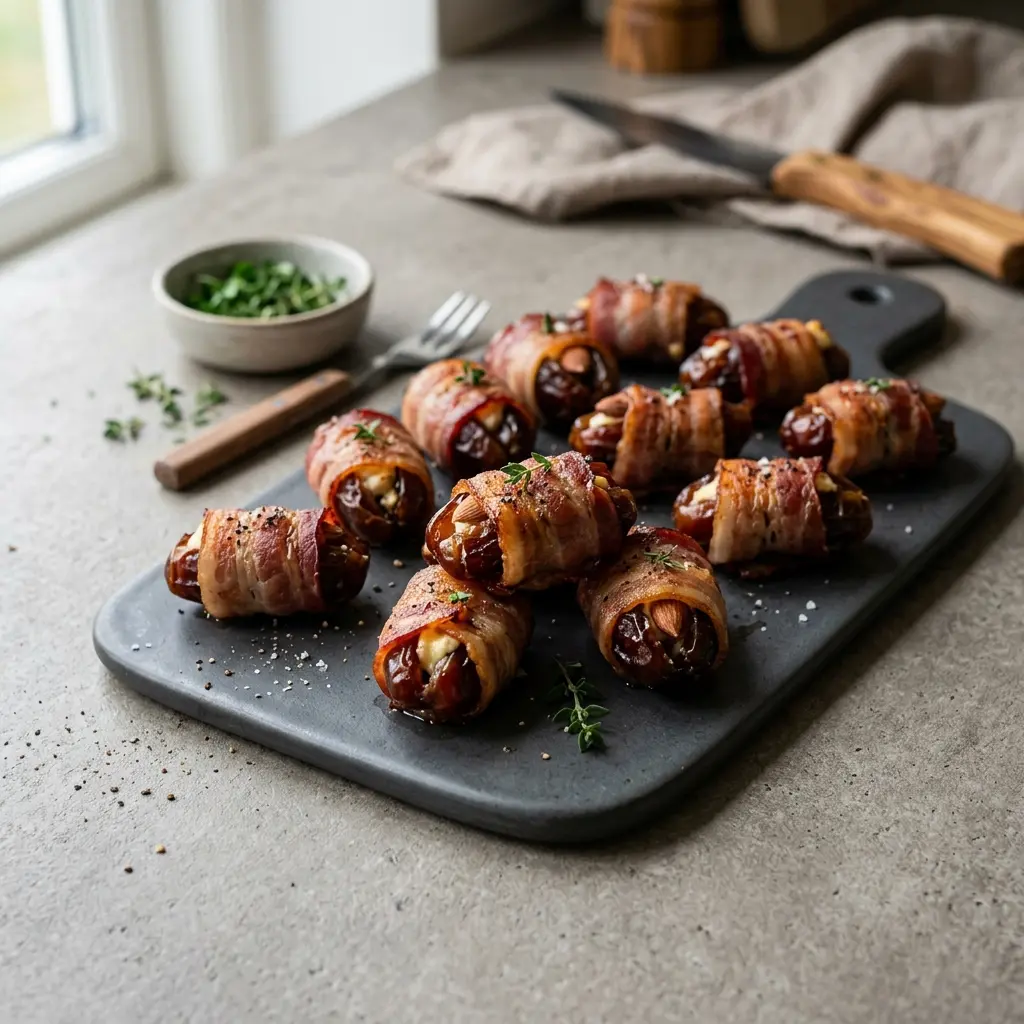 Nylagad baconlindade dadlar serverad på ett aptitligt och hemlagat sätt
