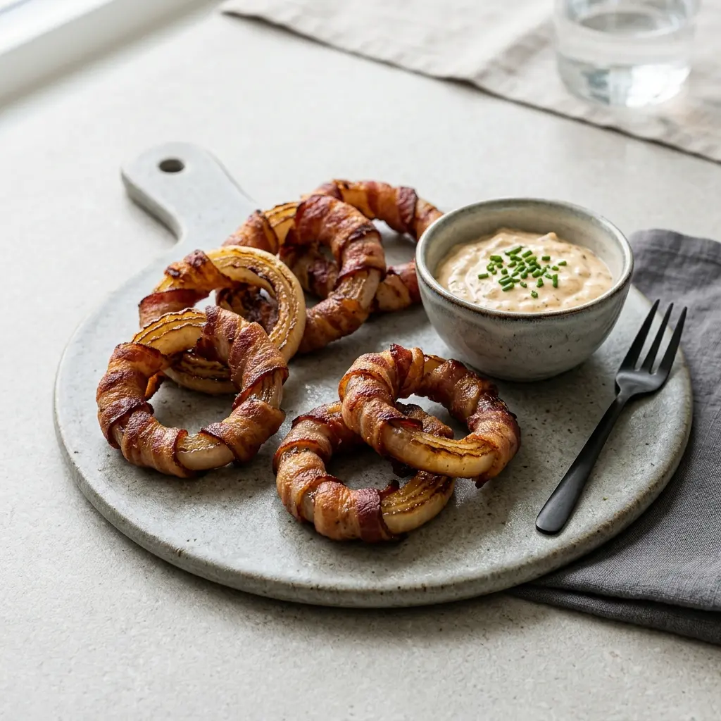 Nylagad baconlindade lökringar serverad på ett aptitligt och hemlagat sätt