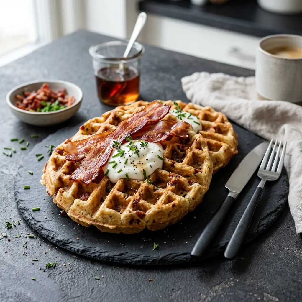 Nybakad baconvåfflor serverad och klar att njuta av