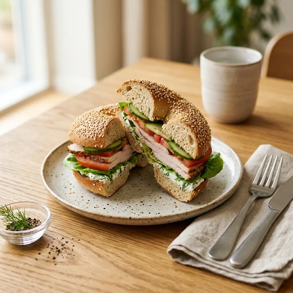 Nylagad bagel med kalkon serverad på ett aptitligt och hemlagat sätt