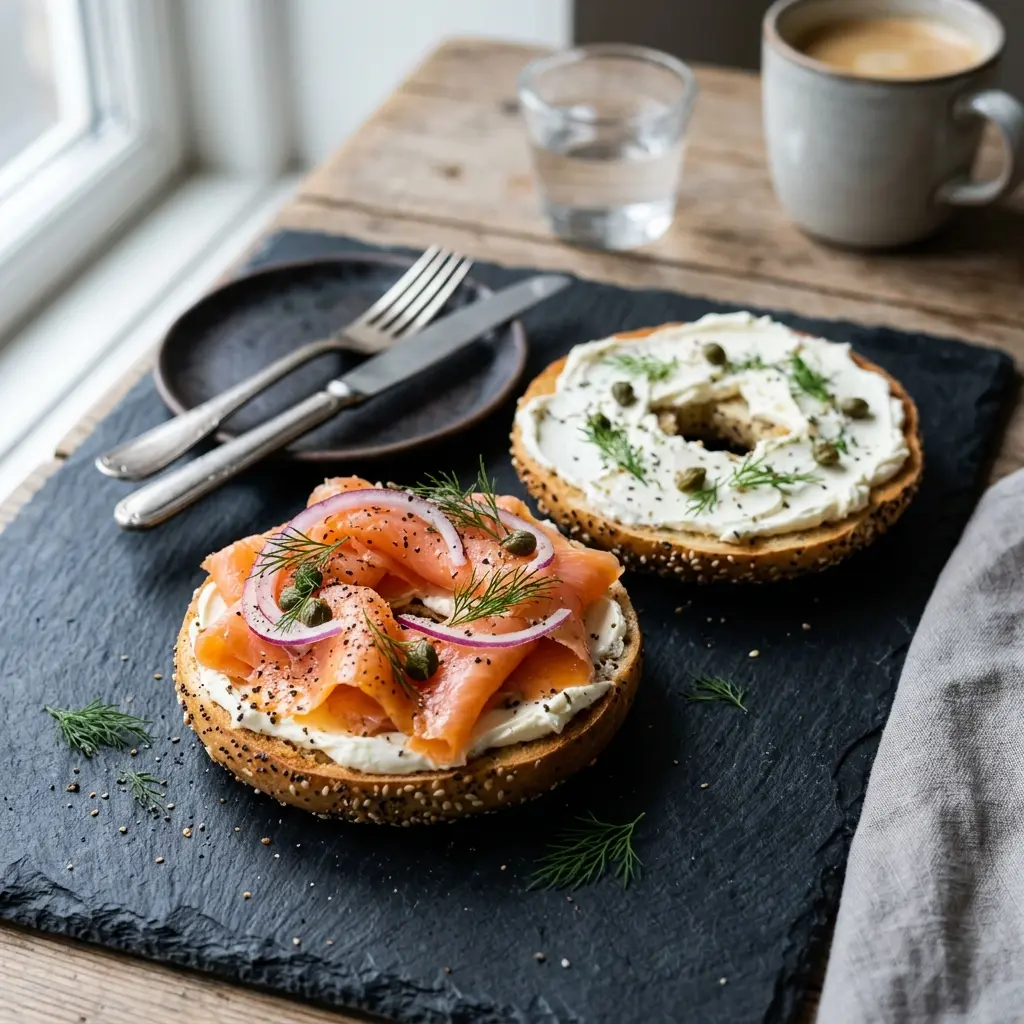 Nylagad bagel med lax och färskost serverad på ett aptitligt och hemlagat sätt