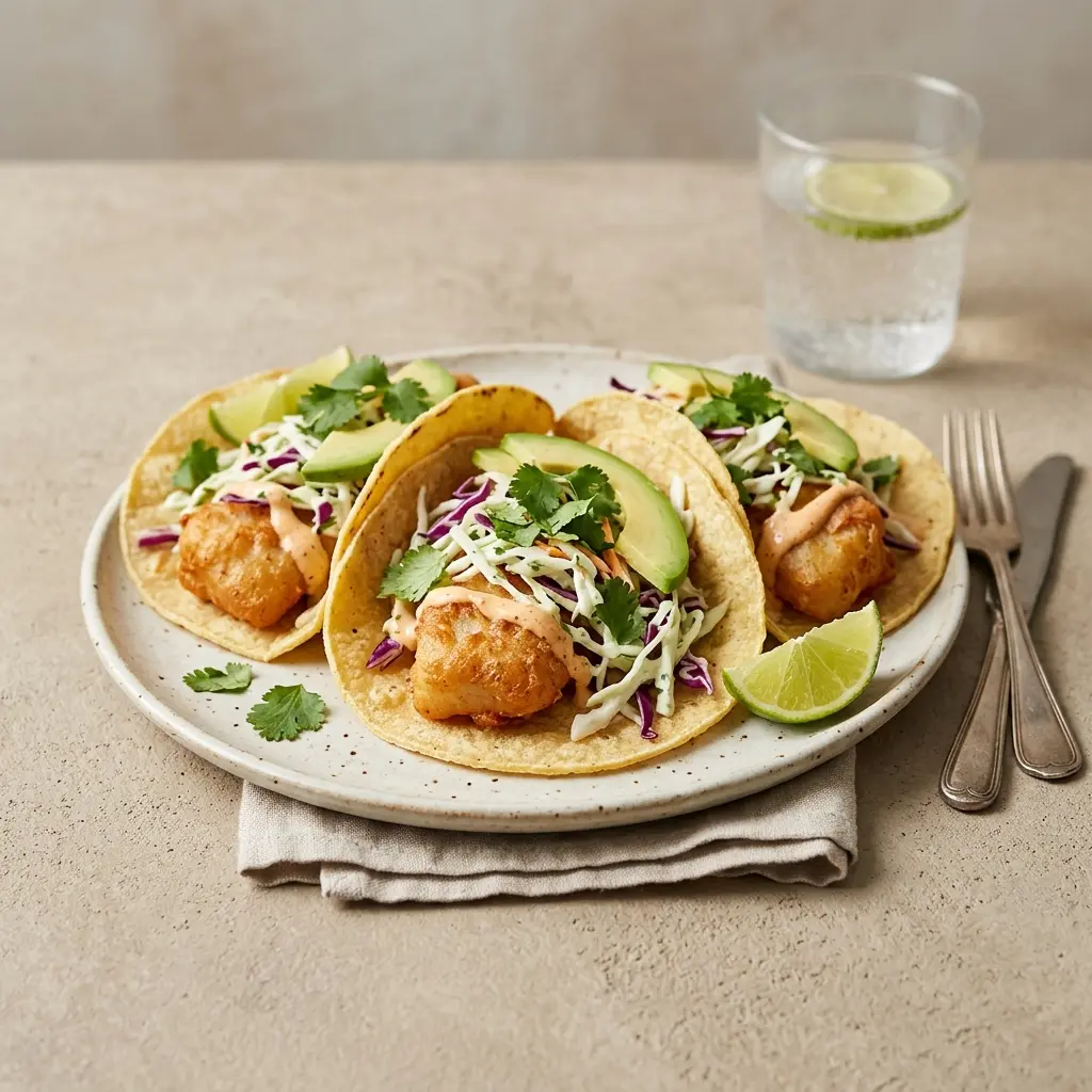 Nylagad baja fish tacos serverad på ett aptitligt och hemlagat sätt