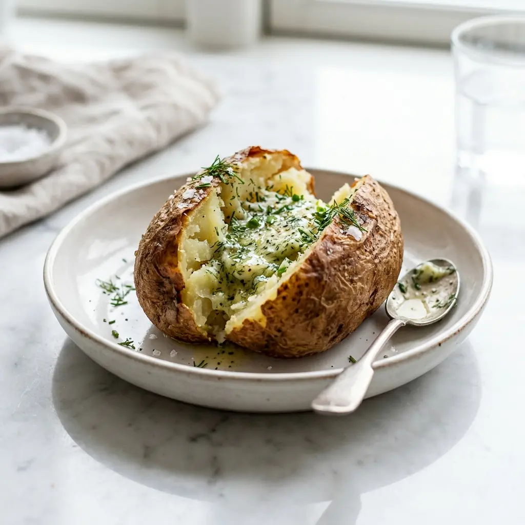 Nylagad bakad potatis med kryddsmör serverad på ett aptitligt och hemlagat sätt