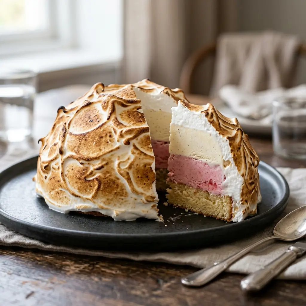 Nylagad baked Alaska serverad på ett aptitligt och hemlagat sätt