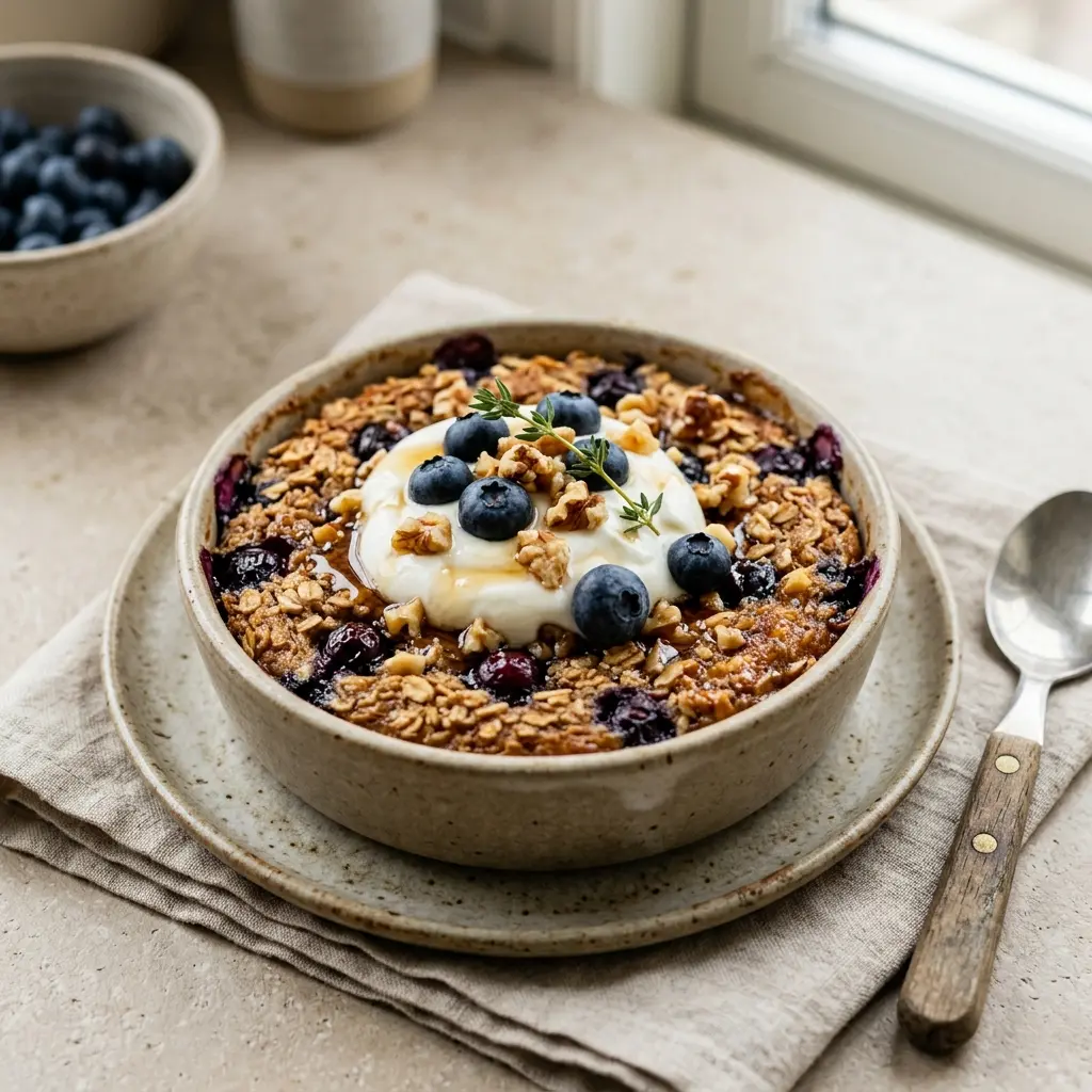 Nylagad baked oats serverad på ett aptitligt och hemlagat sätt