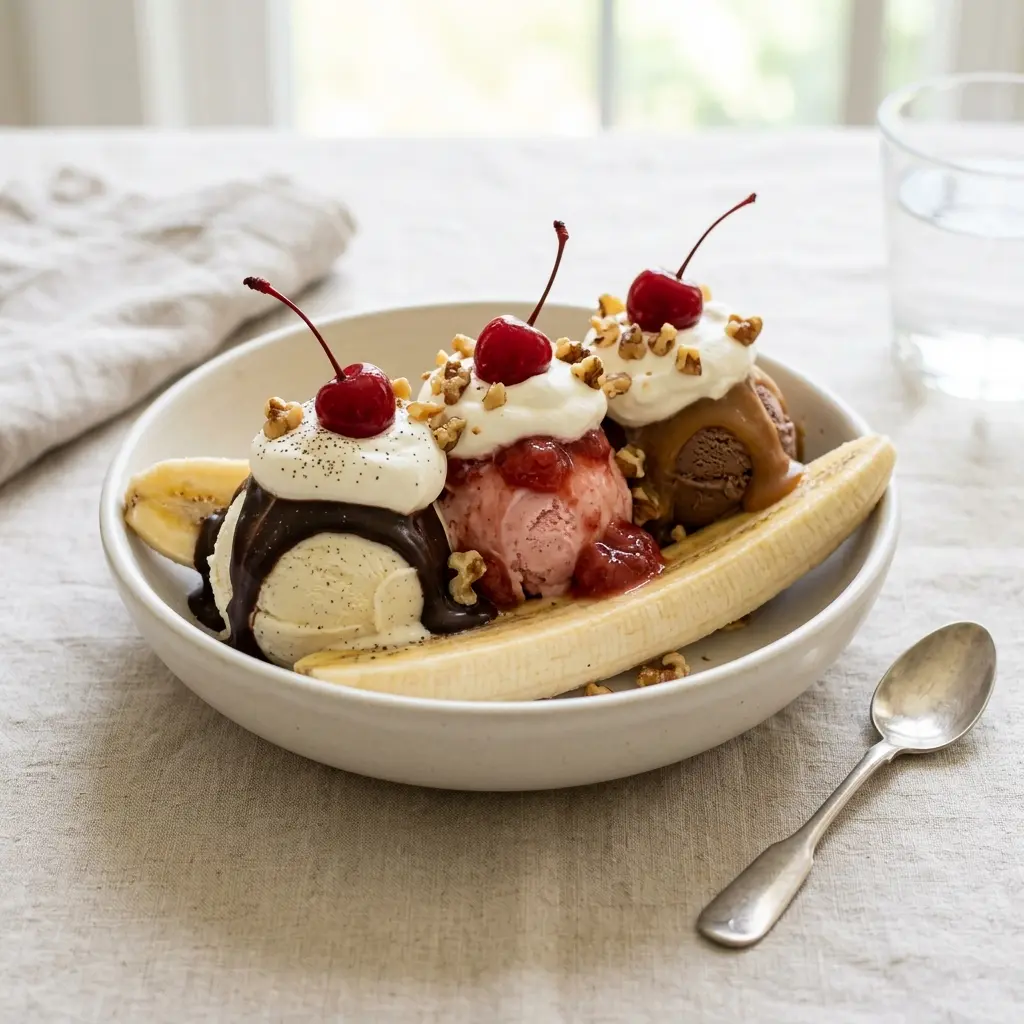 Nylagad banana split serverad på ett aptitligt och hemlagat sätt
