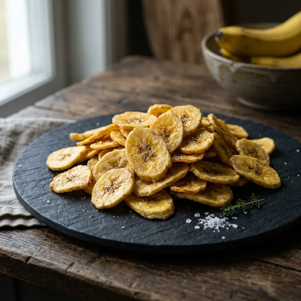 Nylagad bananchips serverad på ett aptitligt och hemlagat sätt