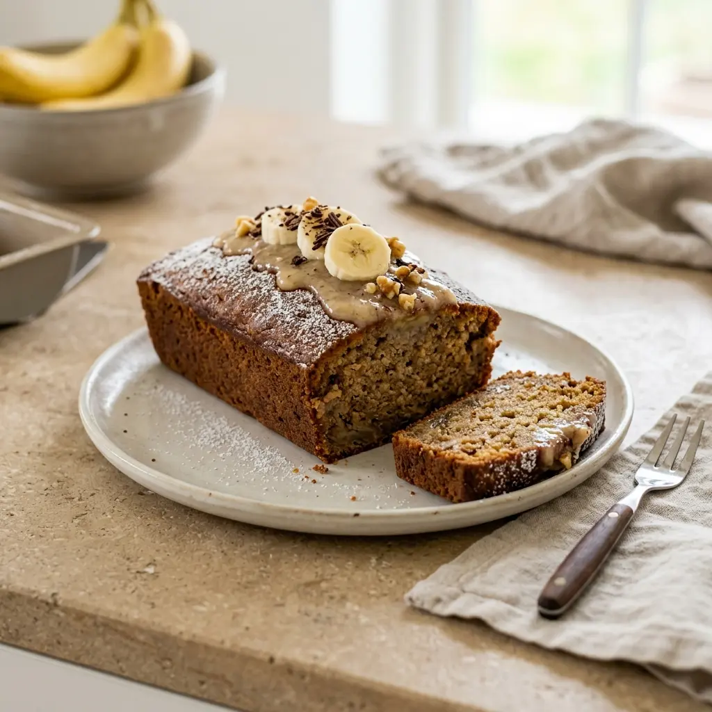 Hemlagad banankaka serverad som en söt och inbjudande dessert