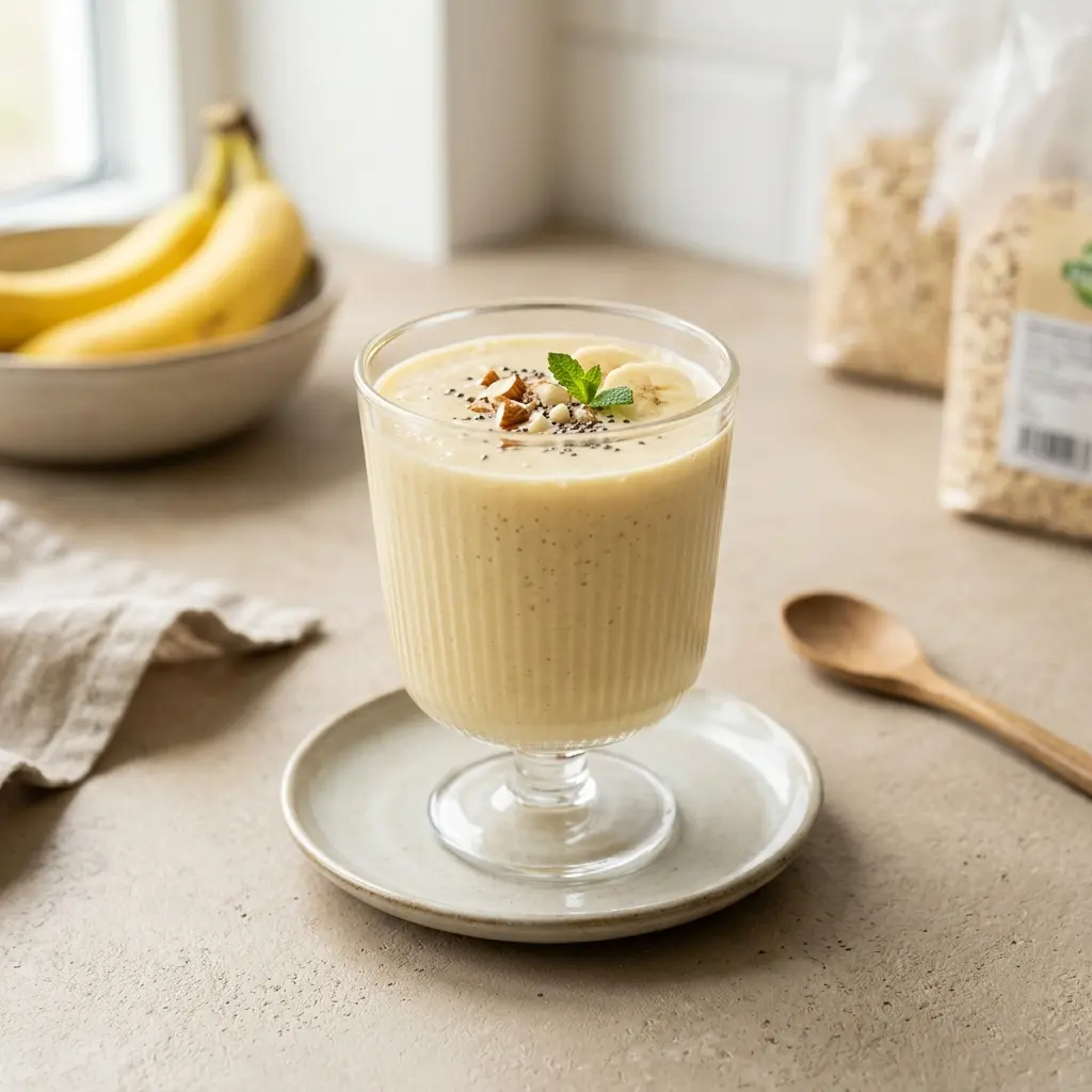 Ett glas banansmoothie serverat kallt och fräscht med enkel garnering