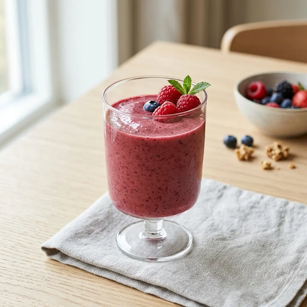 Ett glas bärsmoothie serverat kallt och fräscht med enkel garnering