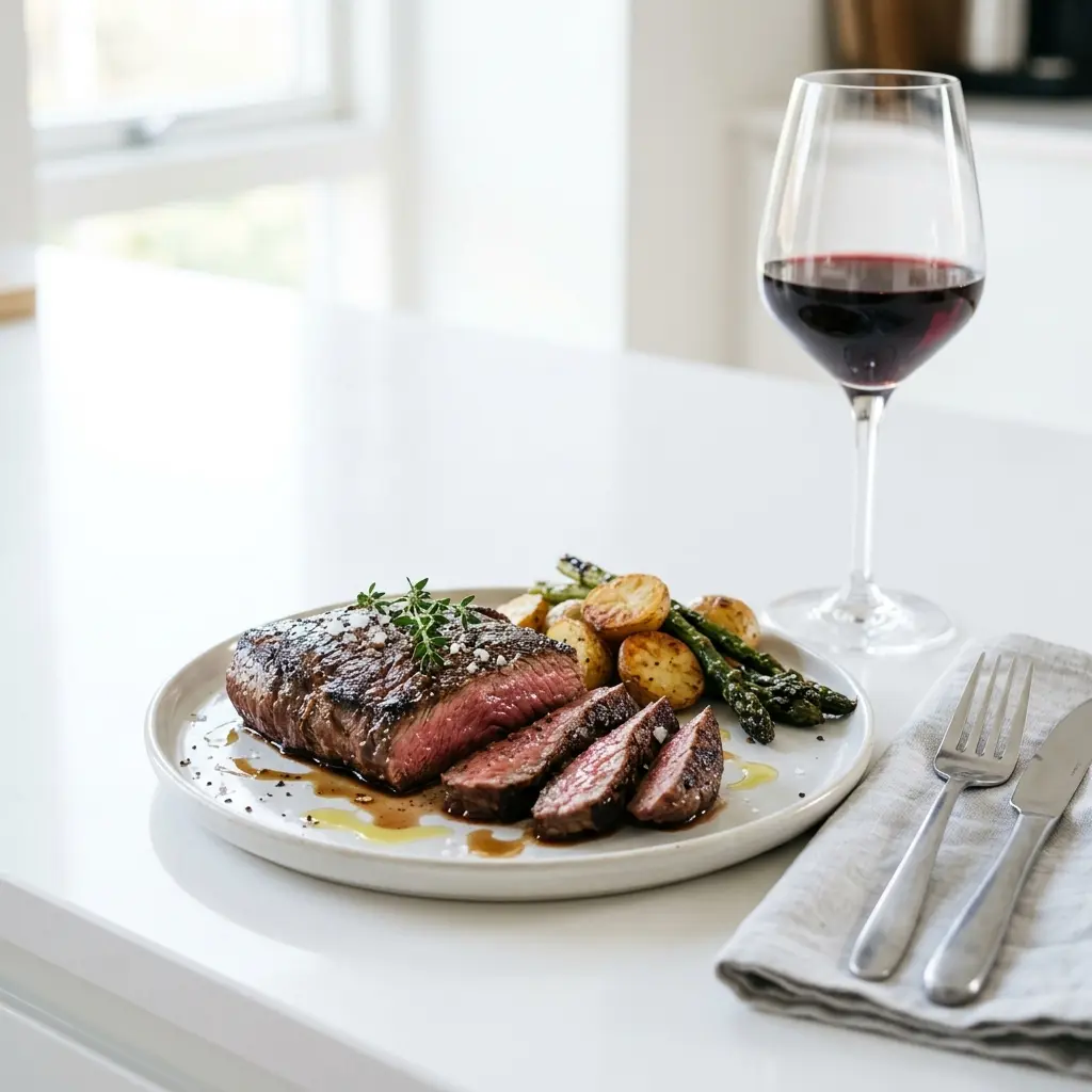 Ett glas bavette i stekpanna serverat kallt och fräscht med enkel garnering
