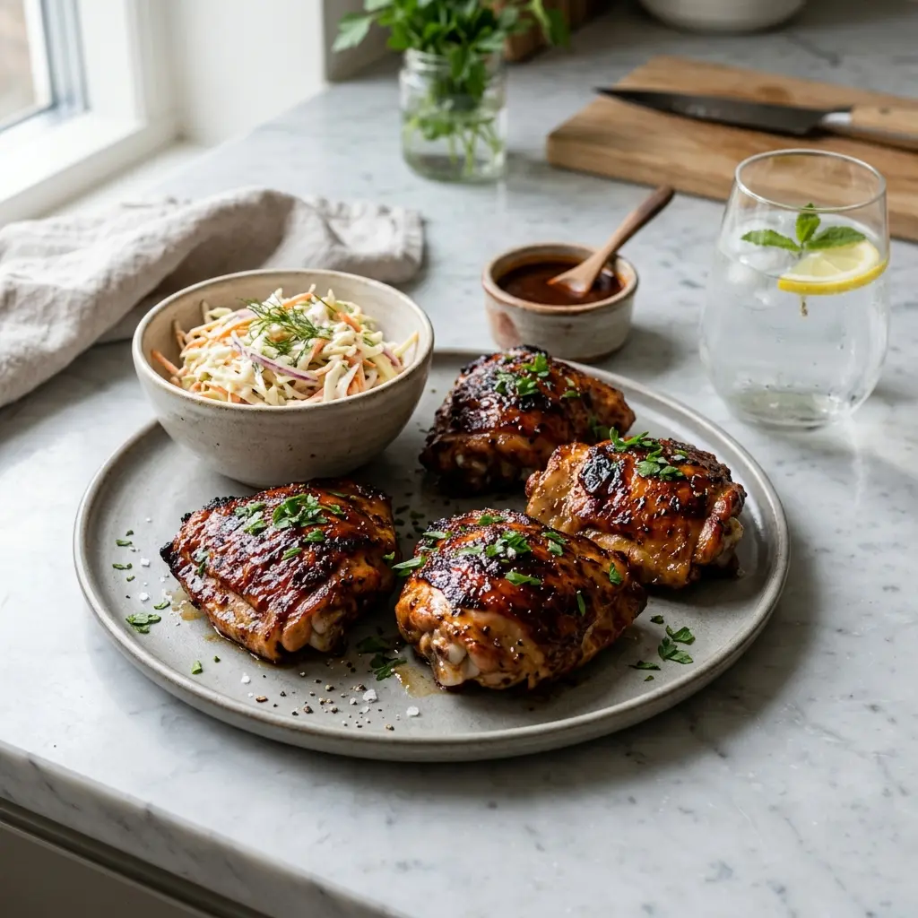 Nylagad bBQ-kycklinglår serverad på ett aptitligt och hemlagat sätt