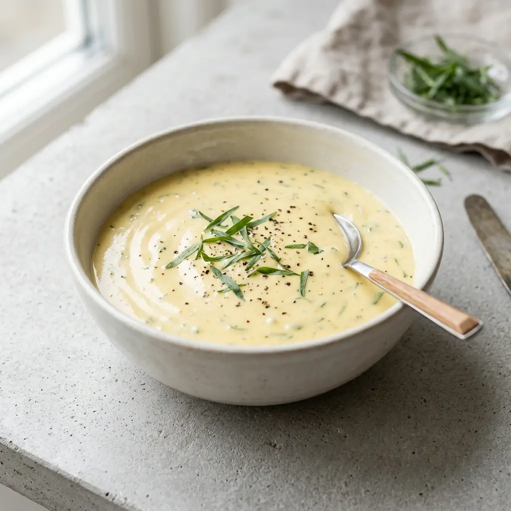 Nylagad bearnaise i blender serverad på ett aptitligt och hemlagat sätt