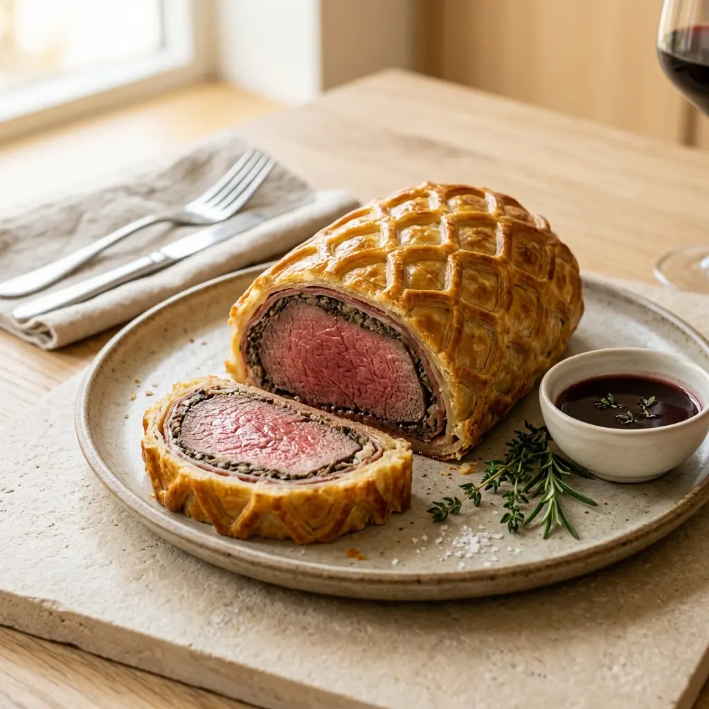 Nylagad beef Wellington serverad på ett aptitligt och hemlagat sätt