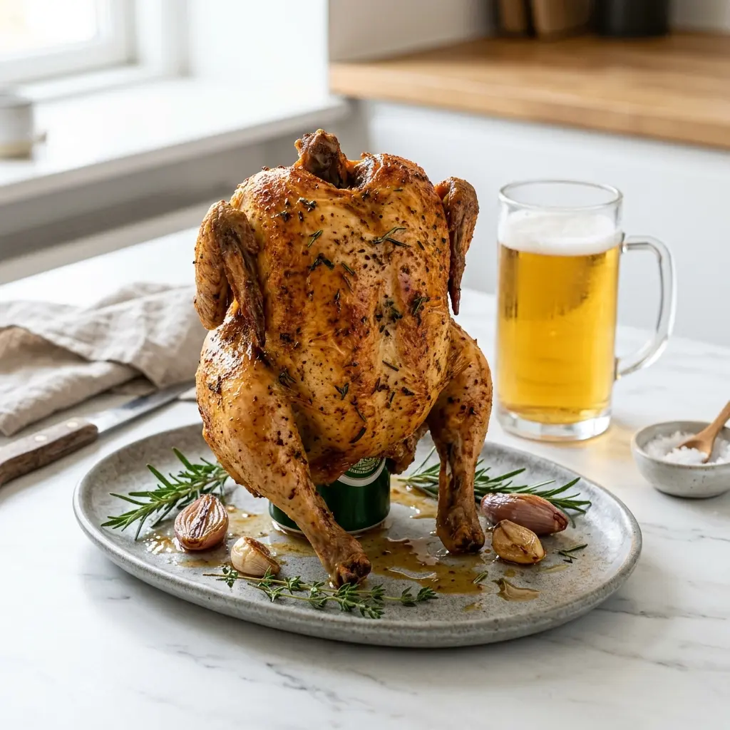 Nylagad beer can chicken serverad på ett aptitligt och hemlagat sätt