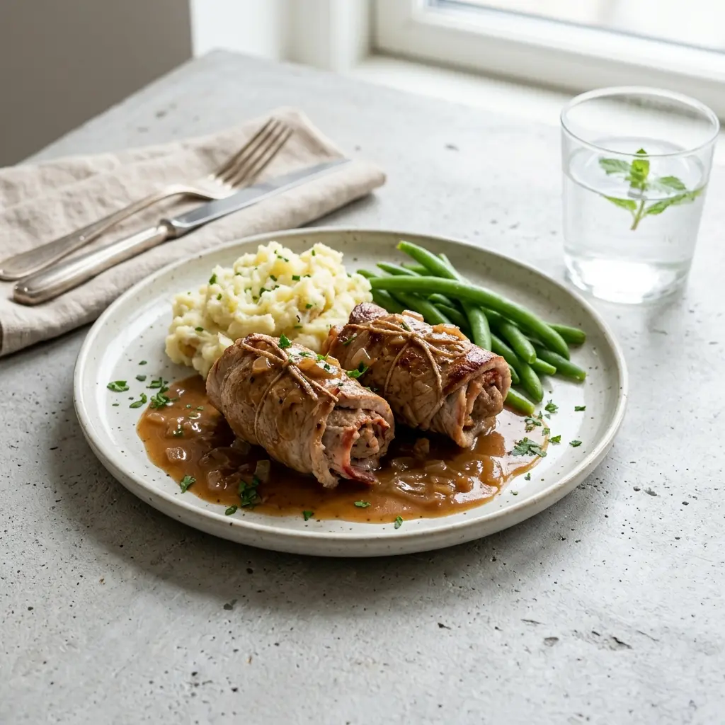 Nylagad benlösa fåglar med fläskfärs serverad på ett aptitligt och hemlagat sätt