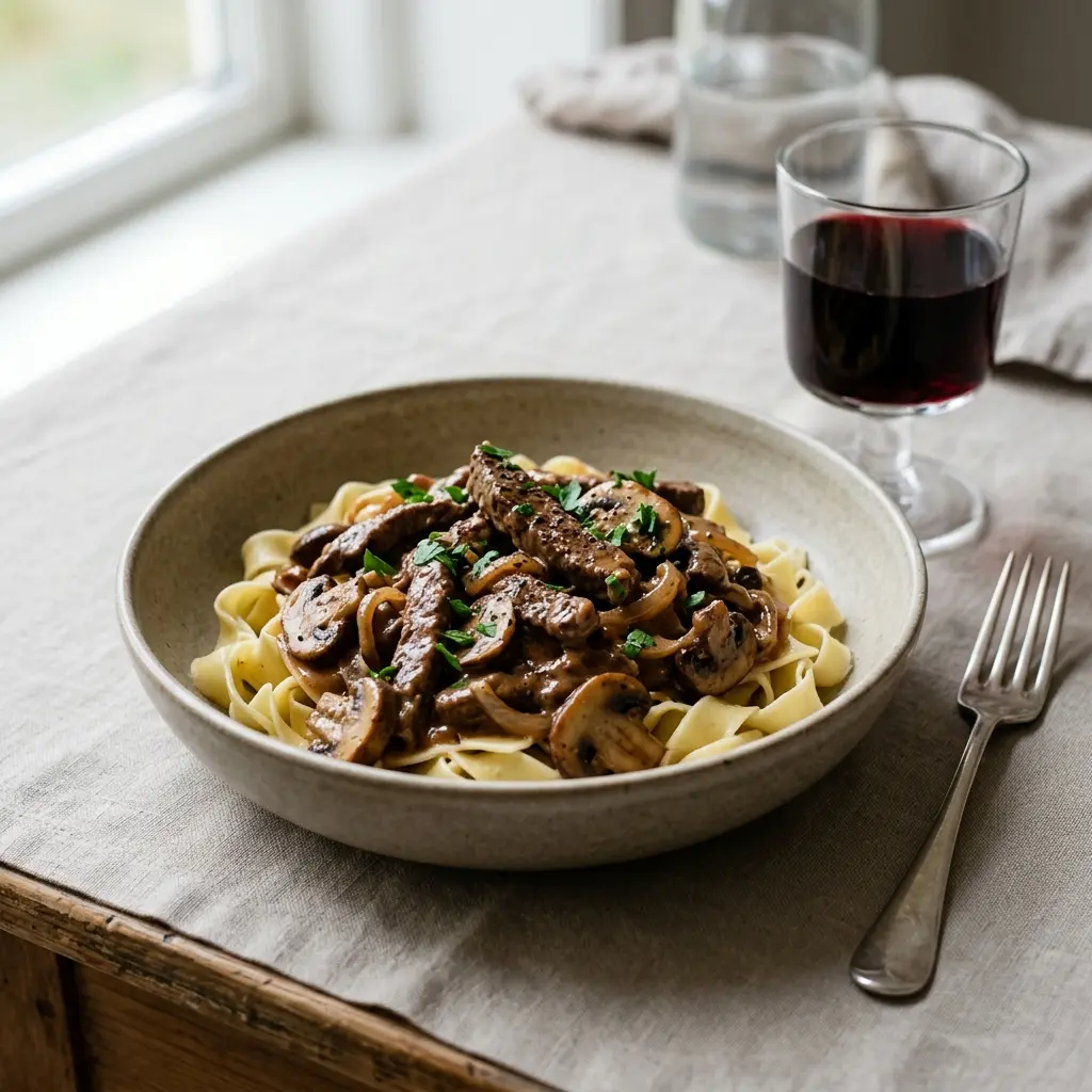 Nylagad biff Stroganoff serverad på ett aptitligt och hemlagat sätt