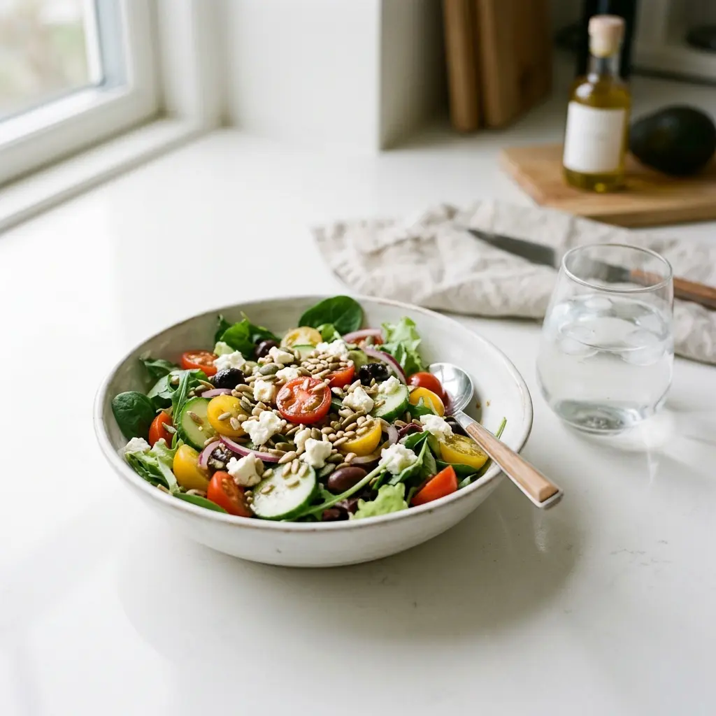 En fräsch portion blandad sallad med färska råvaror och fin servering