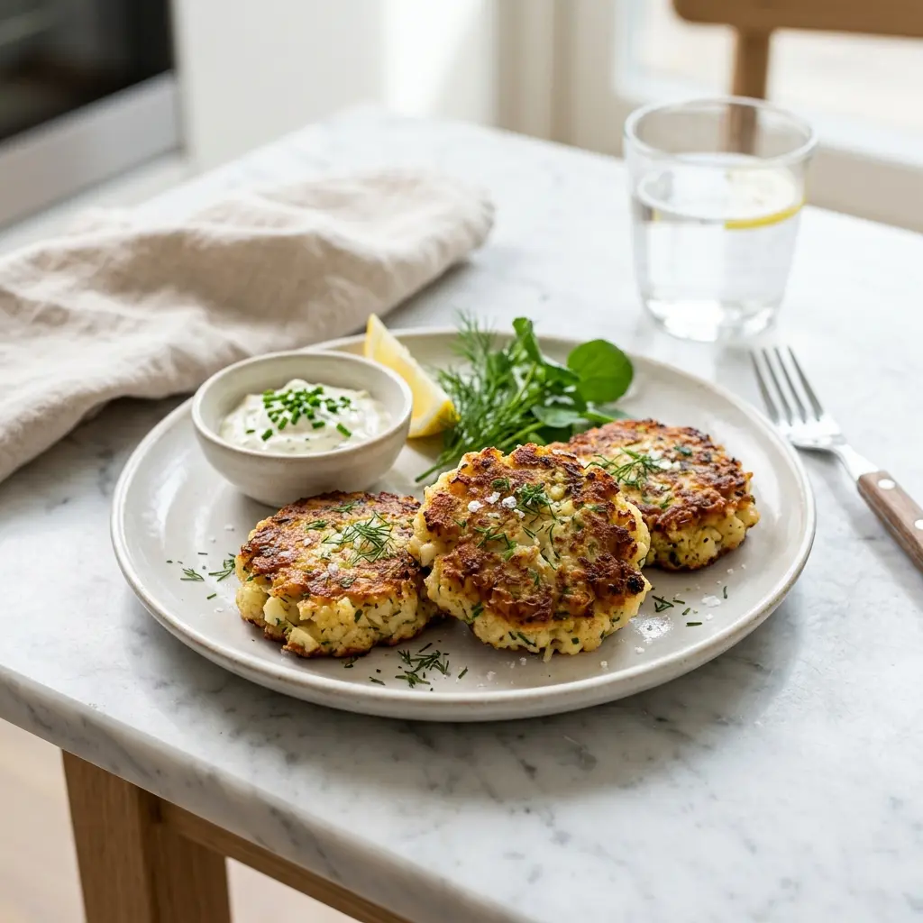 Nylagad blomkålsfrikadeller serverad på ett aptitligt och hemlagat sätt