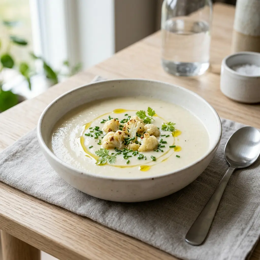 En varm skål blomkålssoppa serverad med ett inbjudande och hemlagat uttryck