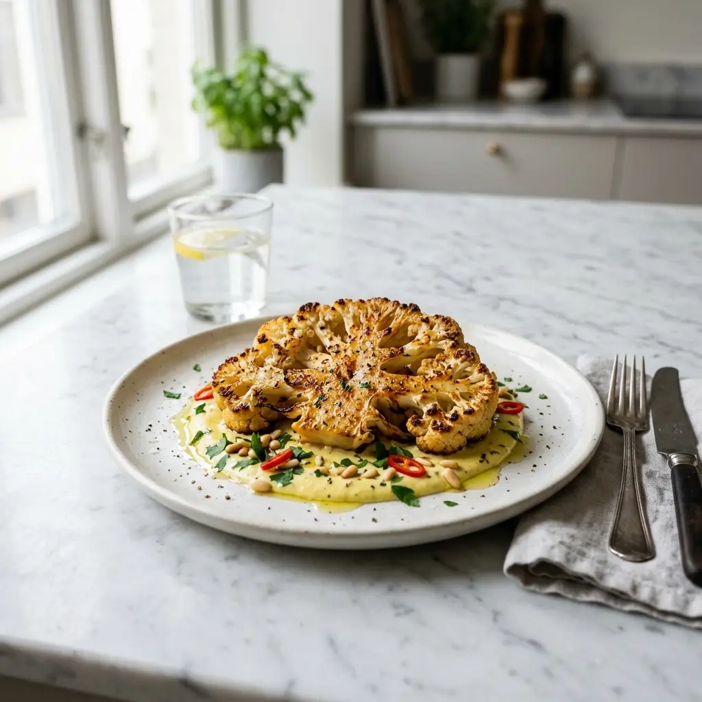 Ett glas blomkålssteak serverat kallt och fräscht med enkel garnering